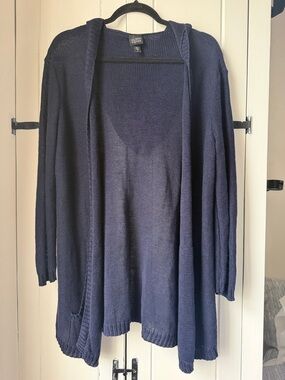 Eileen Fisher Navy Open-Front Henp Hooded Cardigan